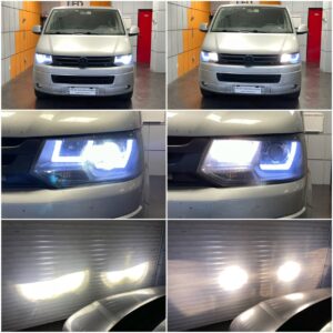VW T5 with aftermarket headlights AMiO BF H1 low beam Osram Cool Blue Intense Next H1 high beam collage