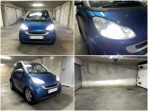 Smart 451 with Osram LEDriving H7 XTR low beam Osram T10 LEDriving SL position bulbs collage