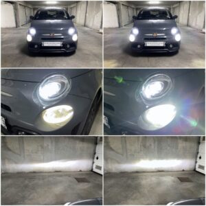 Fiat 500 Abarth FL with Osram LEDriving HL Easy H7 low beam EK Lighting V12 H7 high beam collage