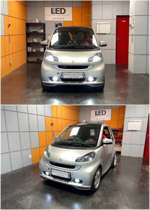 Smart 451 Brabus with Osram LEDriving XTR H7 LED low beam Osram SL W5W position bulbs AMiO H mini H8 fog lamps collage