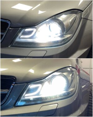 Mercedes Benz C63 AMG W204 FL with AMiO D1S XD LED bulbs Osram Cool Blue Intense Next H7 for corner lights collage