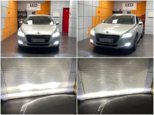 Peugeot 508 with AMiO BF H7 low beam AMiO X1 H11 LED fog lamps Osram W5W SL LED position bulbs collage