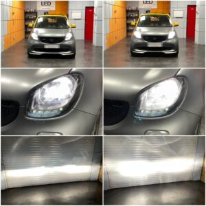 Smart 453 with Osram Cool Blue Intense Next H4 bulbs Osram Diadem Chrome PY21W indicators collage