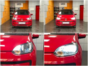 VW e UP with Osram Night Breaker LED H4 low beam Osram LEDriving SL W21 5W DRL position bulbs collage