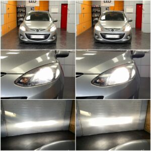Mazda 2 DE with Osram Cool Blue Intense NEXT H4 low high beam W5W position lights collage