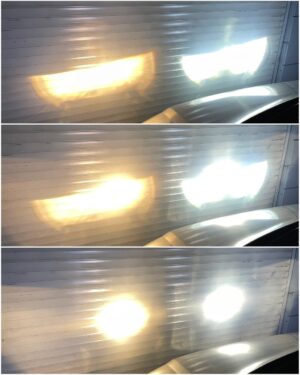 VW T5 with aftermarket headlights factory halogen left AMiO BF H1 LED right collage