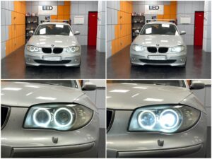 BMW 1 E87 with AMiO D1S XD LED low beam AMiO Angel Eyes 10W LED markers collage