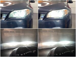 BMW 5 F10 with Yeaky D1S 5500K xenon bulbs low beam Osram Cool blue intense NEXT H7 left corner light compared to factory bulbs collage