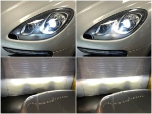 Porsche Macan with AMiO D3S XD LED low beam Osram Coole Blue Intense NEXT H7 left cornering light collage