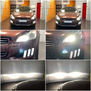 Peugeot 508 hybrid with AMiO D1S Premium 4300K xenon bulbs collage