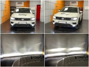 VW Tiguan 2 with Osram Night Breaker LED Gen2 low beam AMiO X1 H8 LED fog lamps collage