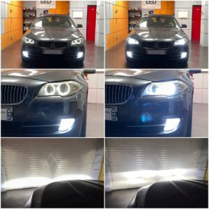BMW 5 F11 with AMiO X4 H7 LED low beam + H11 X1 fog lamps collage