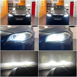 BMW 5 F11 with AMiO X4 H7 LED low & high beam collage