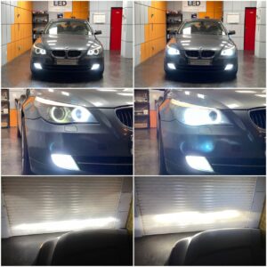 BMW E60 LCI with Osram LEDriving HL Easy H8 angel eyes + AMiO X1 H11 LED fog lamps + D1S LED low beam collage