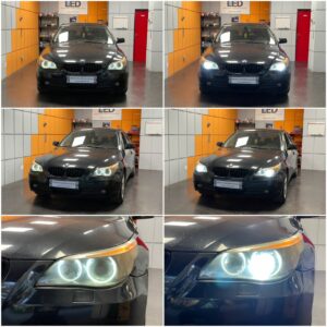 BMW E60 with AMiO LED angel eyes markers + xenon collage