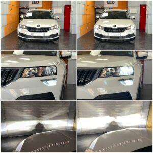 Škoda Karoq with Philips Ultinon Pro6000 Boost H7 low beam + AMiO H-Mini H8 LED fog lamps collage