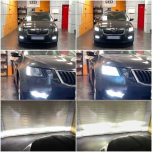 Škoda Octavia 3 FL with Osram Night Breaker LED Smart H7 low beam + AMiO X1 H8 fog lamps collage