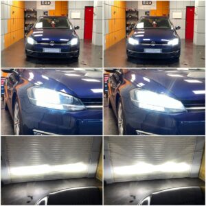 VW Golf 7 FL with AMiO X4 H7 LED low beam + X1 H9 LED high beam collage