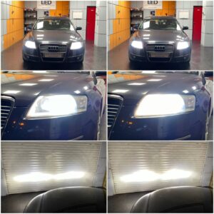 Audi A6 C6 with Osram LEDriving XTR h7 low beam + Cool Blue Intense H1 high beam in a headlights in a bad condition collage