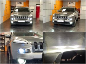 Jeep Cherokee 5 with Osram LEDriving HL HIR2 LED low beam + AMiO H-mini H11 LED fog lamps collage