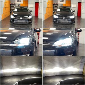 VW Golf 7 FL with Osram Night Breaker LED Speed H7 low beam + AMiO X1 LED H9 high beam collage