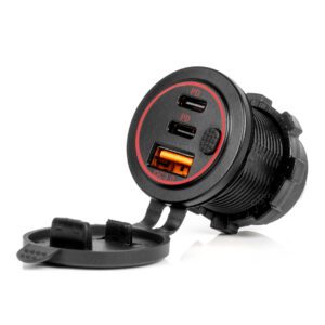 AMiO waterproof Phone Charger with Switch RED LED Backlight USB + 2x USB-C QC3.0 12/24V AMIO-04227