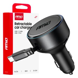 Retractable car charger USB-C cable + USB-C port 12/24V 60W AMIO-04368