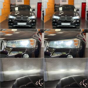 BMW X3 F25 LCI with Osram Night Breaker LED Smart H7 low beam + Speed H7 high beam + W5W position lights collage