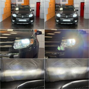 Dacia Sandero 2 with Osram LEDriving HL Easy Gen2 H4 LED low + high beam + LEDriving SL W21-5W position close up