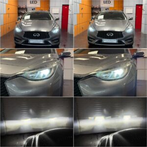 Infiniti Q30 with AMiO X3 H9 LED low + high beam collage
