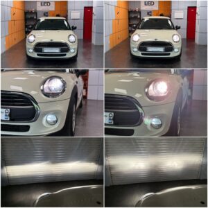 Mini Cooper F56 with Osram Cool Blue Intense H4 low & high beam + NIgh Breaker LED Gen2 W5W position lights collage
