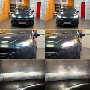 Opel Corsa E with Osram Night Breaker LED H7 Smart low beam + Osram Cool Blue intense H7 high beam collage