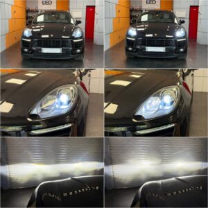 Porsche Macan with Osram LEDriving HL Bright H7 low beam + HL Easy H15 high beam collage (left headlamp is for RHD market)
