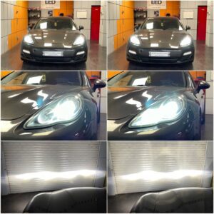 Porsche Panamera 1 with AMiO X3 H7 LED low beam & X4 H7 high beam collage