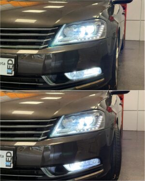 VW Passat B7 with AMiO XD D3S LED low beam + X1 H8 fog + corner light close up
