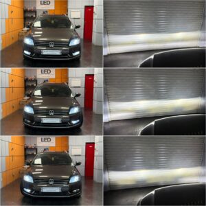 VW Passat B7 with AMiO XD D3S LED low + high beam + X1 H8 fog & corner lights collage