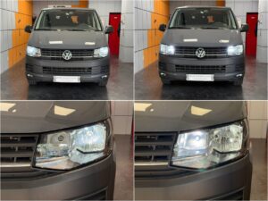 VW T6 with Osram Night Breaker LED Smart H4 low beam + AMiO P21W CANBUS 2835 15SMD DRL + Osram Night Breaker LED W5W position lights collage